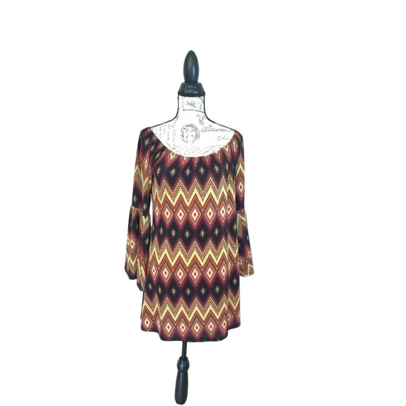 Voel Long Bell Sleeve Multicolor Chevron Print Striped Boho Mini Dress Size S - Picture 7 of 7